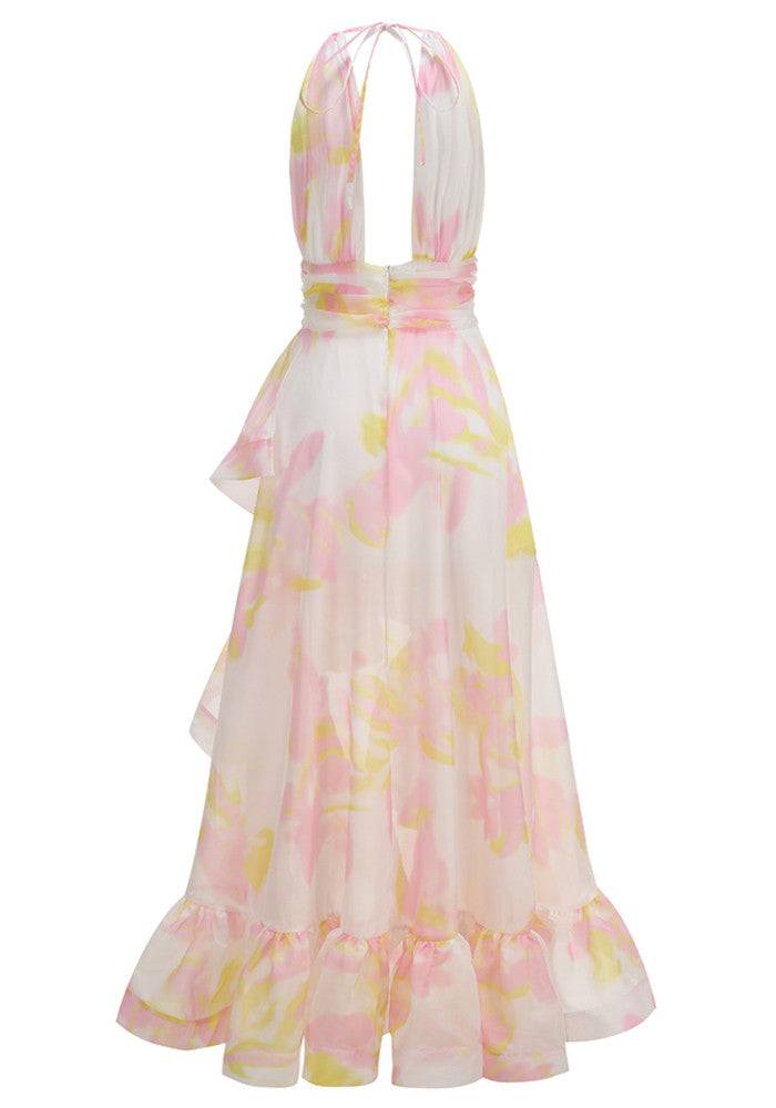Halter Floral Ruffle Maxi Dress Pink Yellow