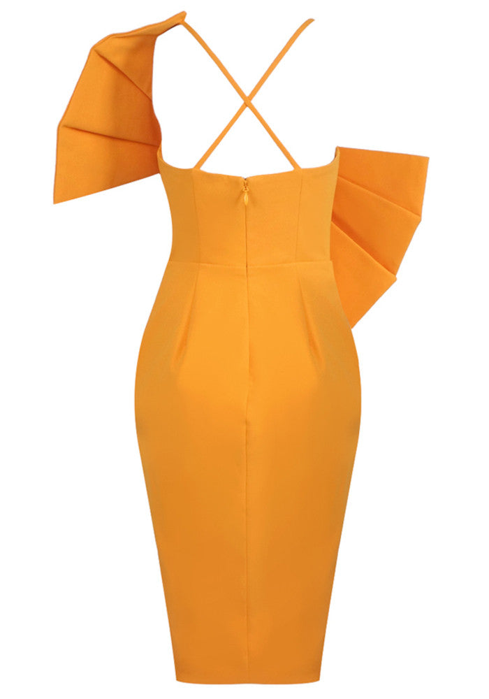Myas Fashion One Shoulder Bow Draped Wrap Amber Midi Dress