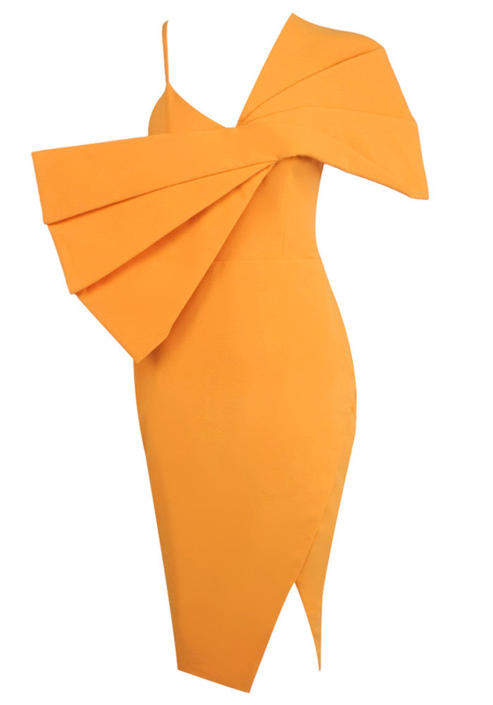 Myas Fashion One Shoulder Bow Draped Wrap Amber Midi Dress