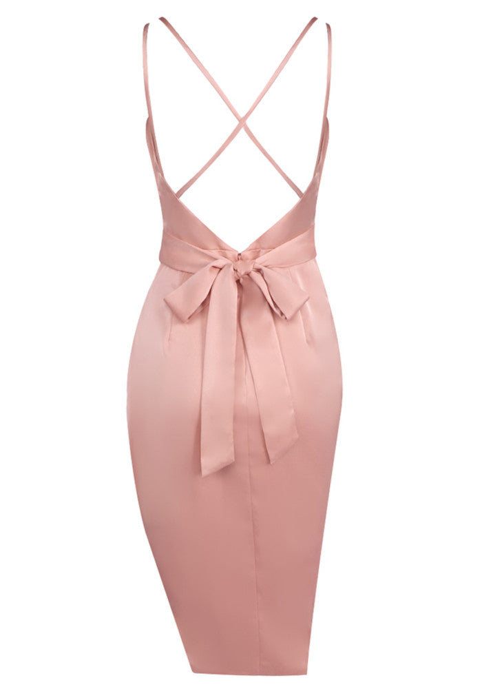 Myas Fashion Cowl Neck Draped Silk Strappy Back Pink Midi Dress
