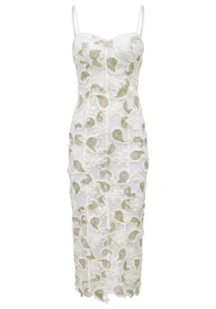Myas Fashion Sweetheart Floral Lace Bodycon White Green Midi Dress