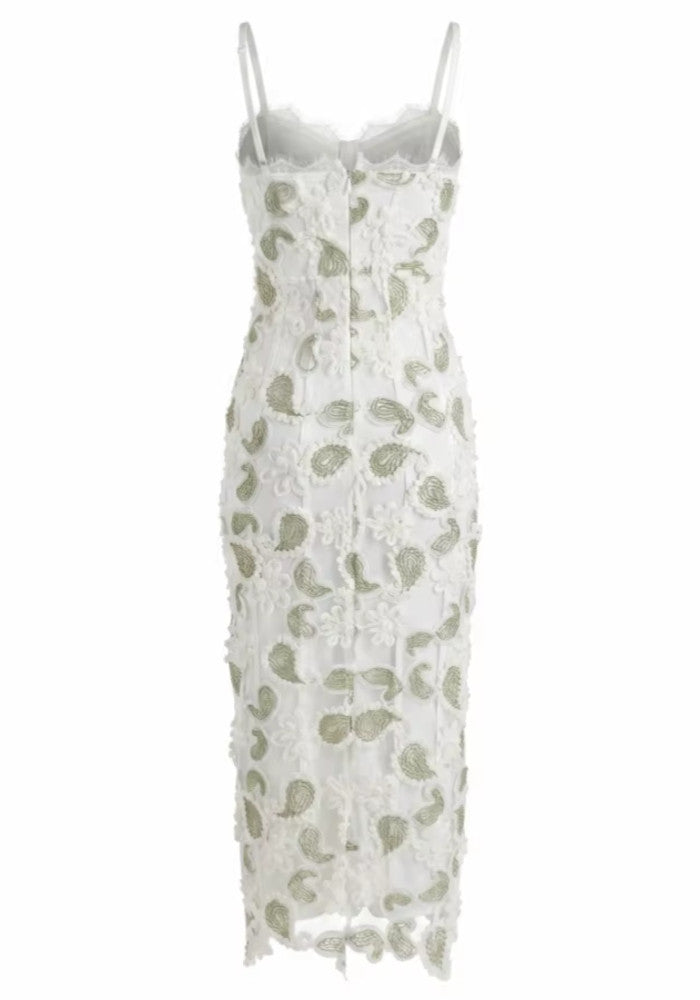 Myas Fashion Sweetheart Floral Lace Bodycon White Green Midi Dress