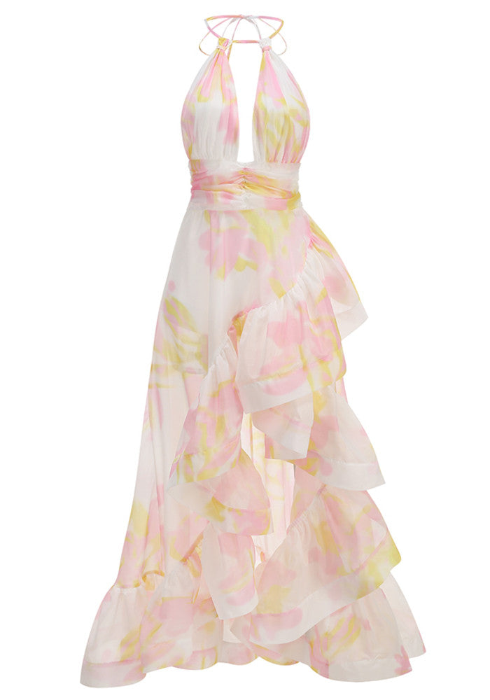 Myas Fashion Halter Floral Ruffle High Low Pink Yellow Dress