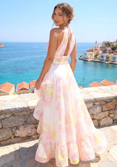 Myas Fashion Halter Floral Ruffle High Low Pink Yellow Dress