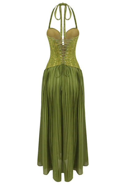 Halter Pleated Corset Maxi Dress Green