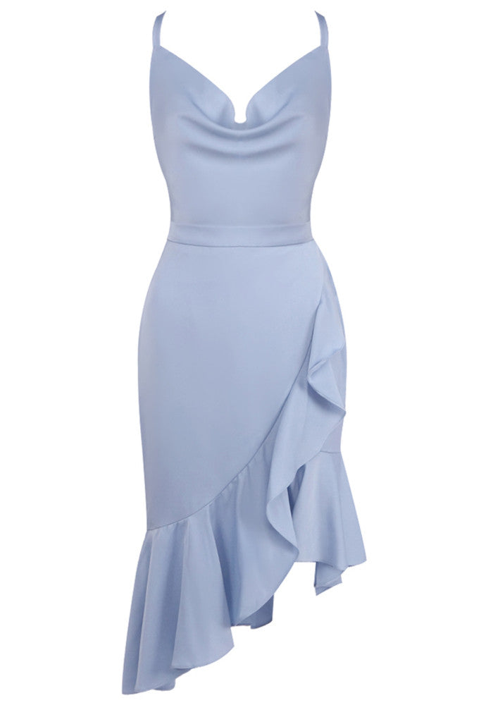 Myas Fashion V Neck Satin Ruffle Bodycon Blue Midi Dress