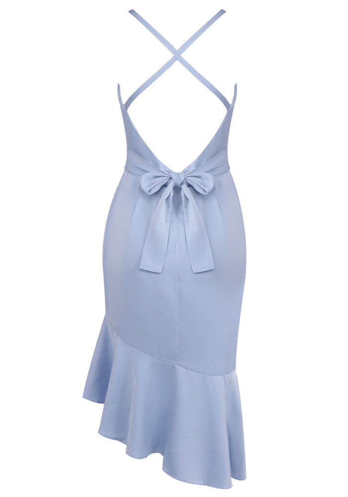 Myas Fashion V Neck Satin Ruffle Bodycon Blue Midi Dress
