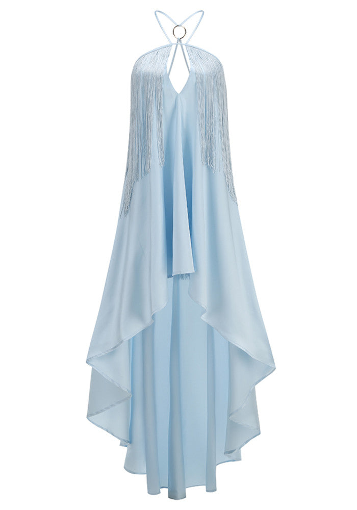 Halter Tassel High Low Dress Blue