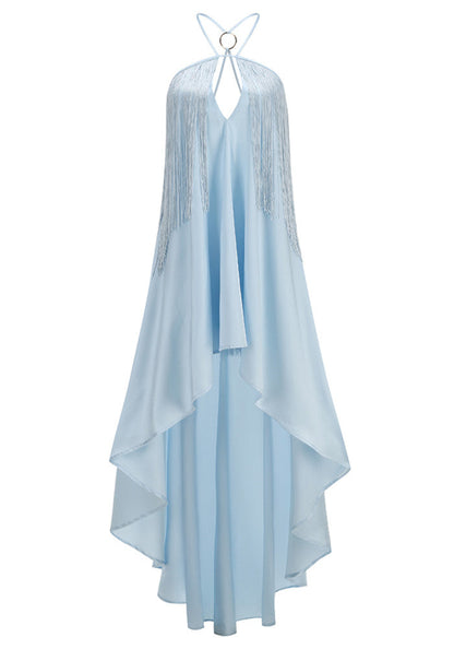 Halter Tassel High Low Dress Blue