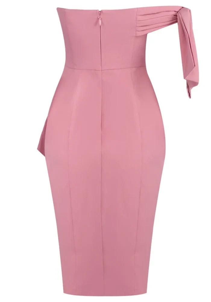 Myas Fashion Bardot Ruffle Bodycon Pink Midi Dress