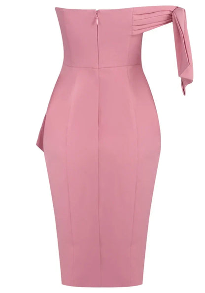 One Shoulder Bardot Ruffle Midi Dress Pink
