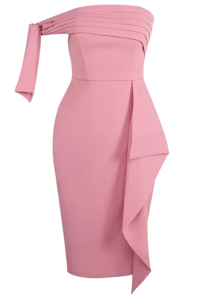 Myas Fashion Bardot Ruffle Bodycon Pink Midi Dress
