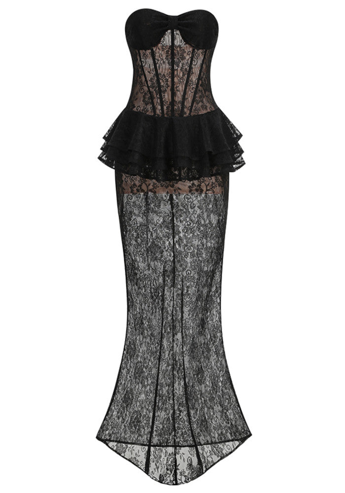 Myas Fashion Strapless Lace Bustier Peplum Black Maxi Dress