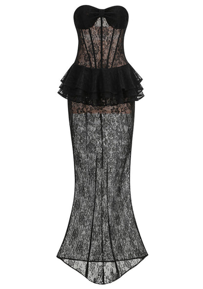 Strapless Lace Bustier Peplum Maxi Dress Black