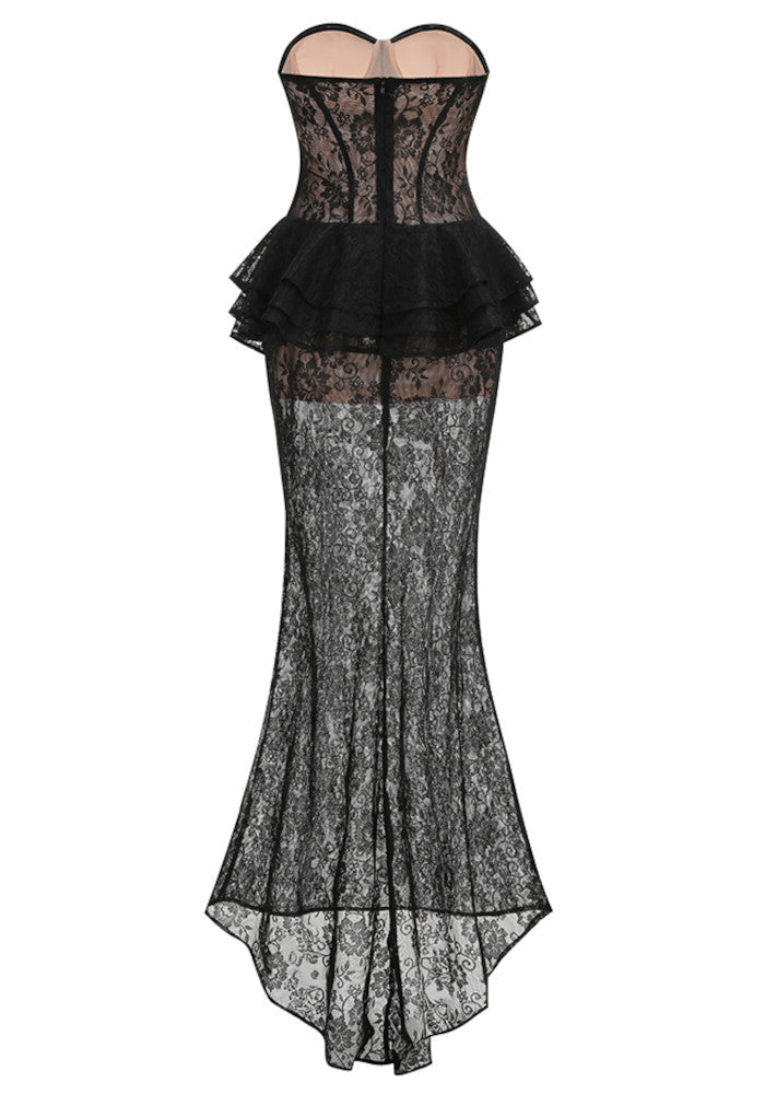 Myas Fashion Strapless Lace Bustier Peplum Black Maxi Dress